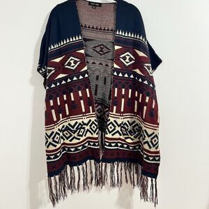 Love Tree Aztec Native Geometric Print Open Cardigan Burgundy Fringe One Size